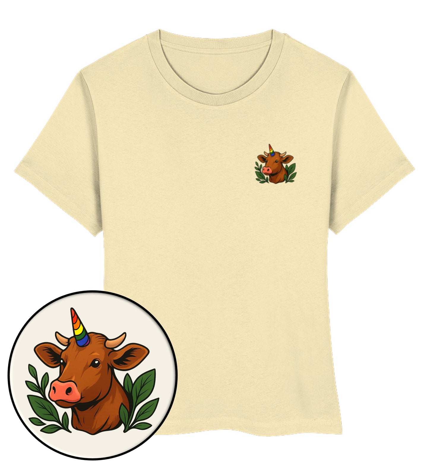 Natural Raw Short-Fit T-Shirt – Cow Queercorn - Vegayn