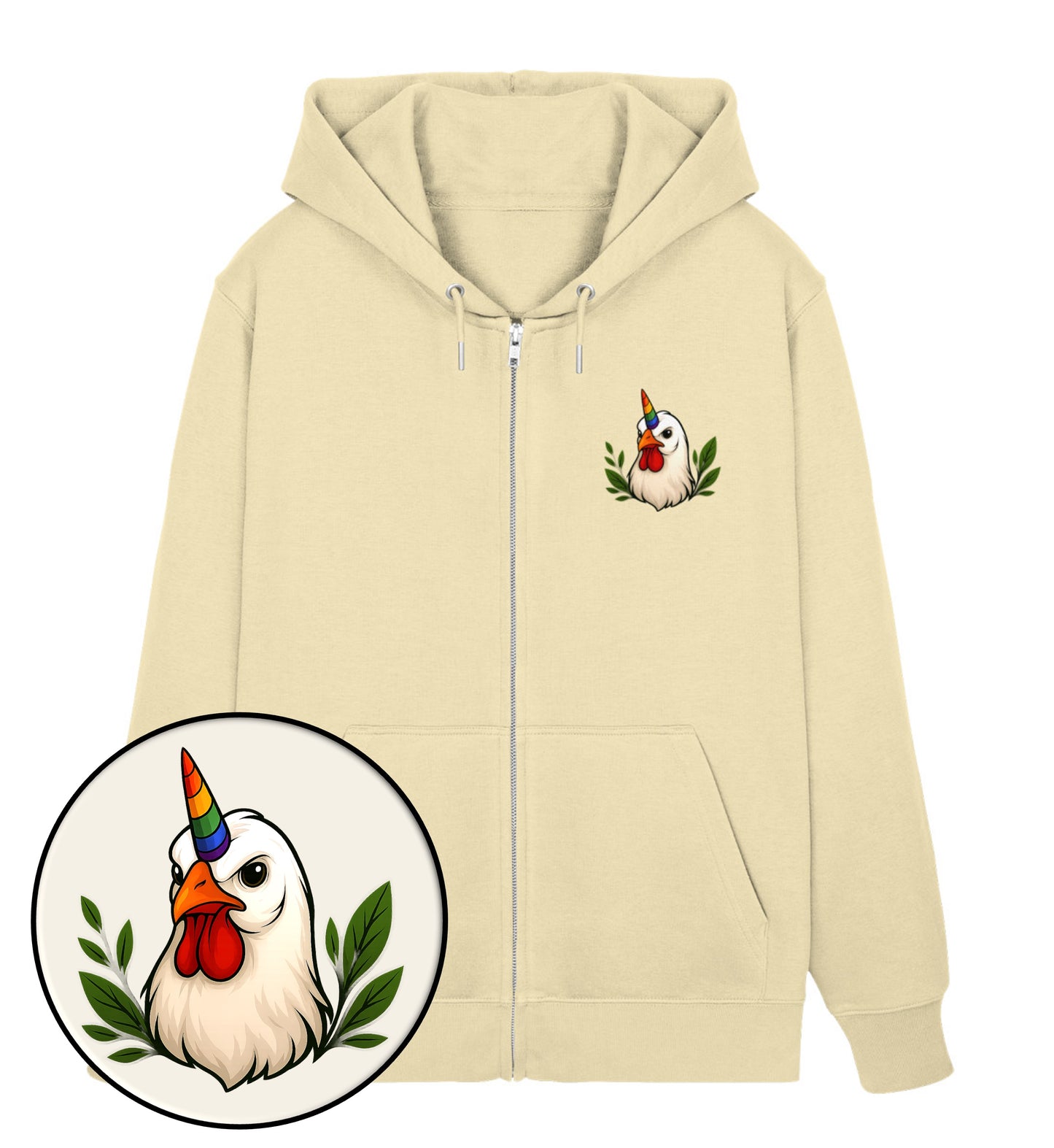 Natural Raw Zipper Hoodie – Chicken Queercorn - Vegayn
