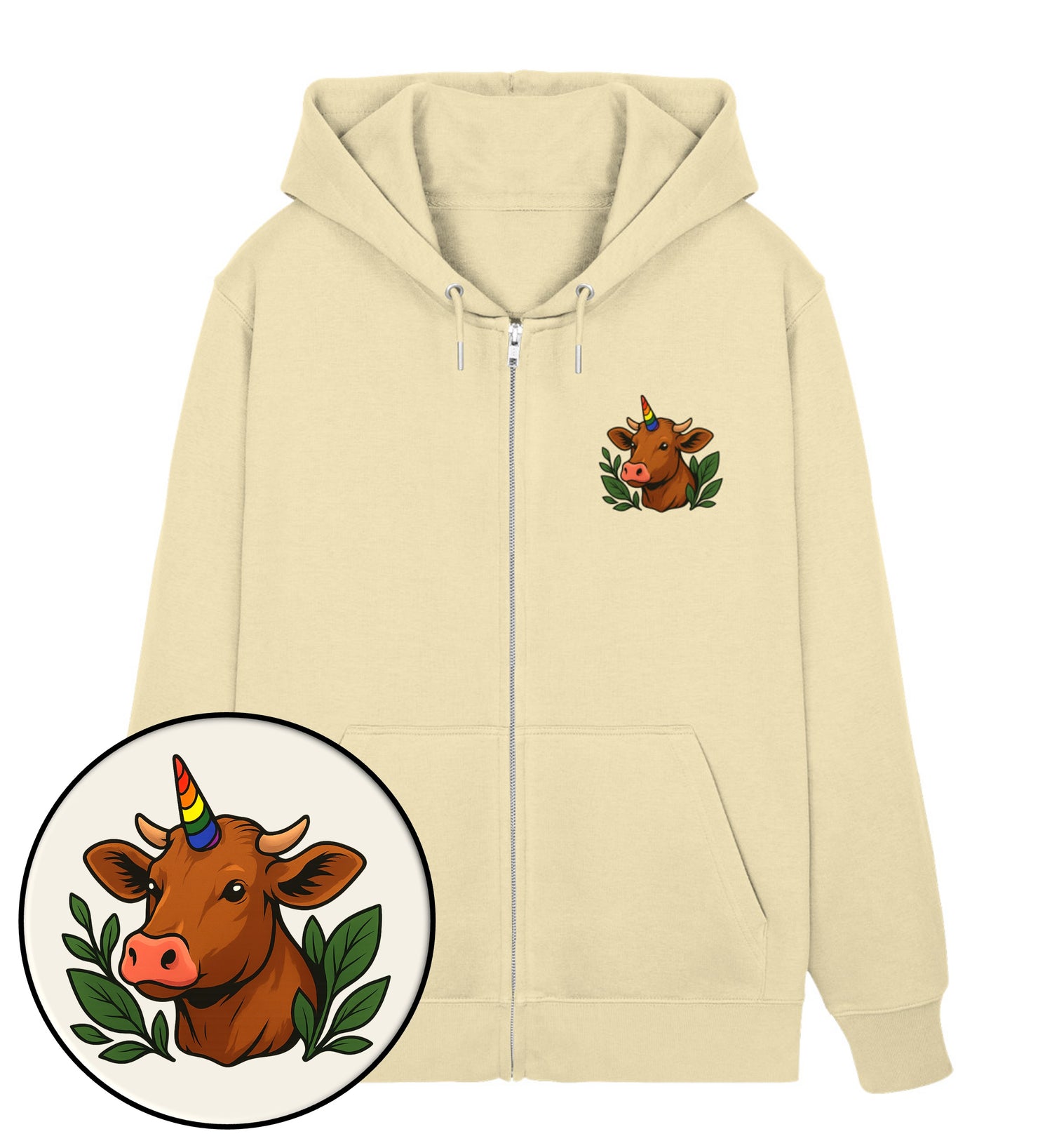 Natural Raw Zipper Hoodie – Cow Queercorn - Vegayn