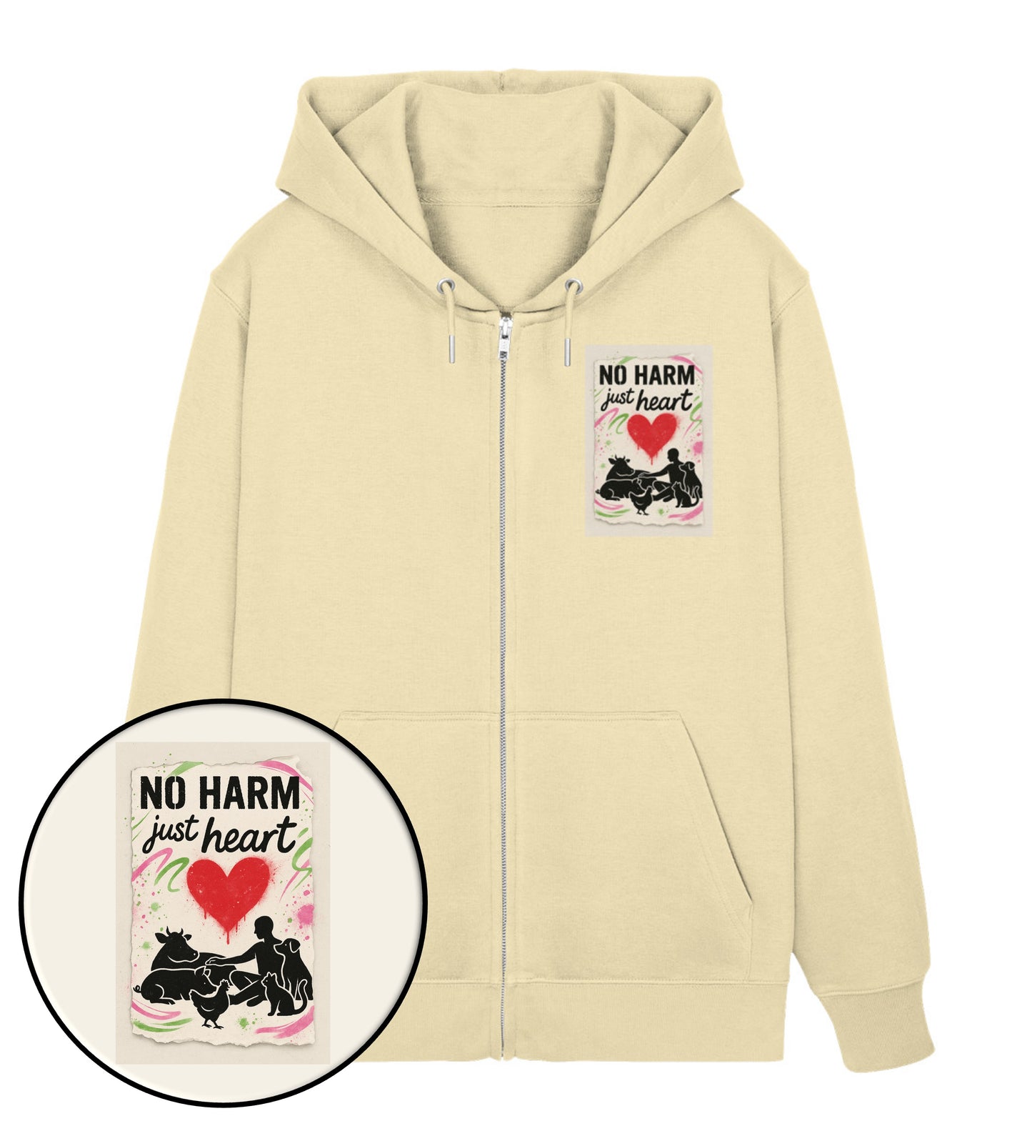 Natural Raw Zipper Hoodie – No harm, just heart - Vegayn