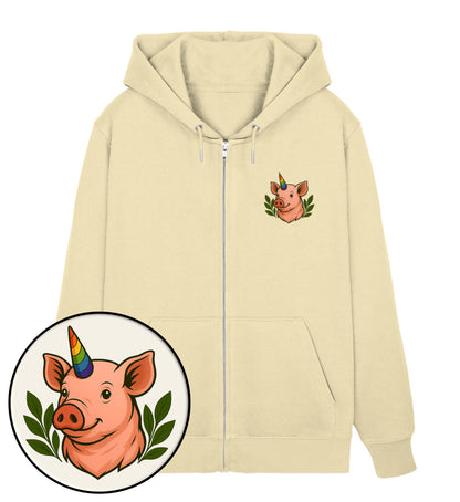 Natural Raw Zipper Hoodie – Pig Queercorn - Vegayn
