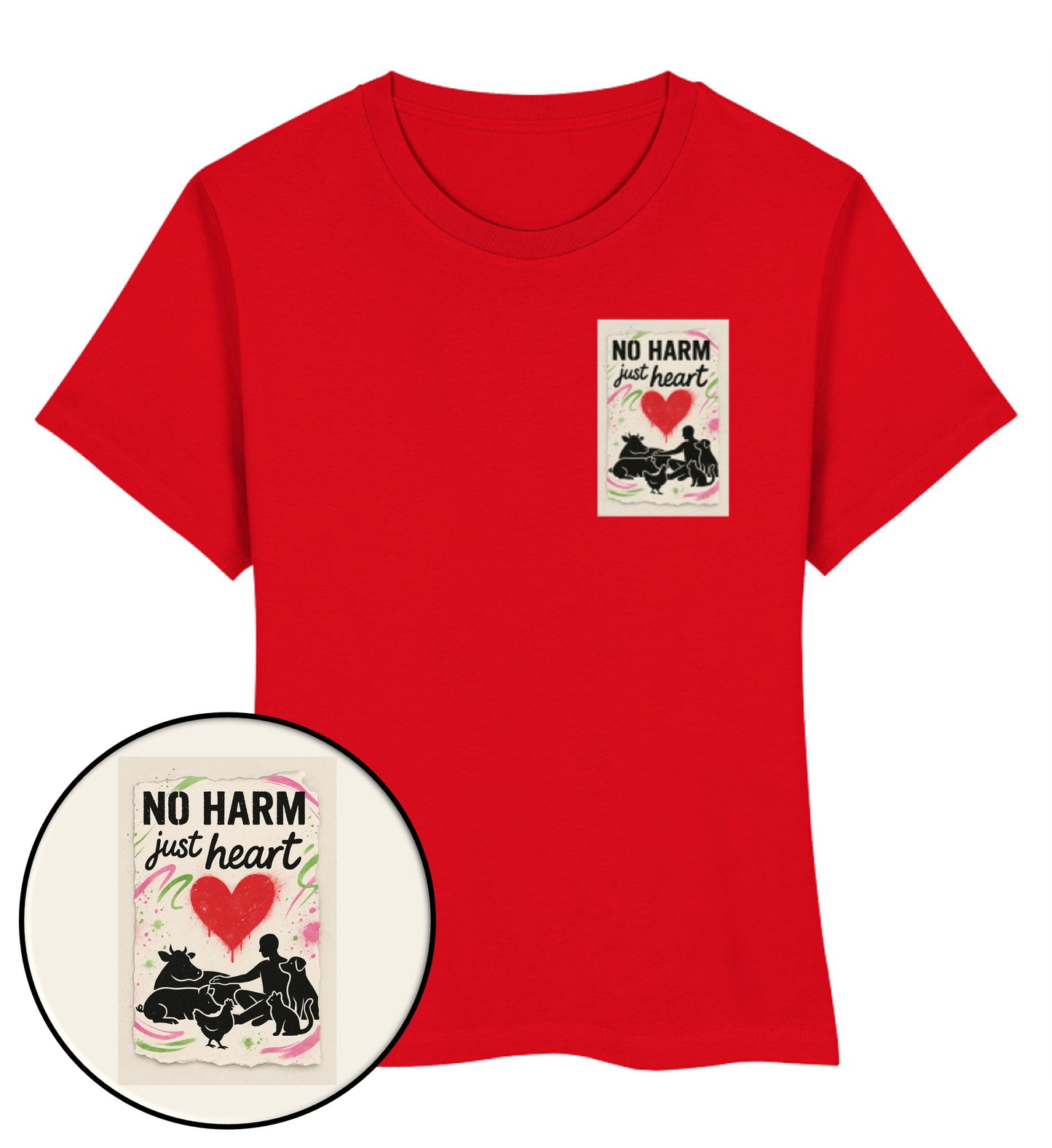 Red Short-Fit T-Shirt – No harm, just heart - Vegayn