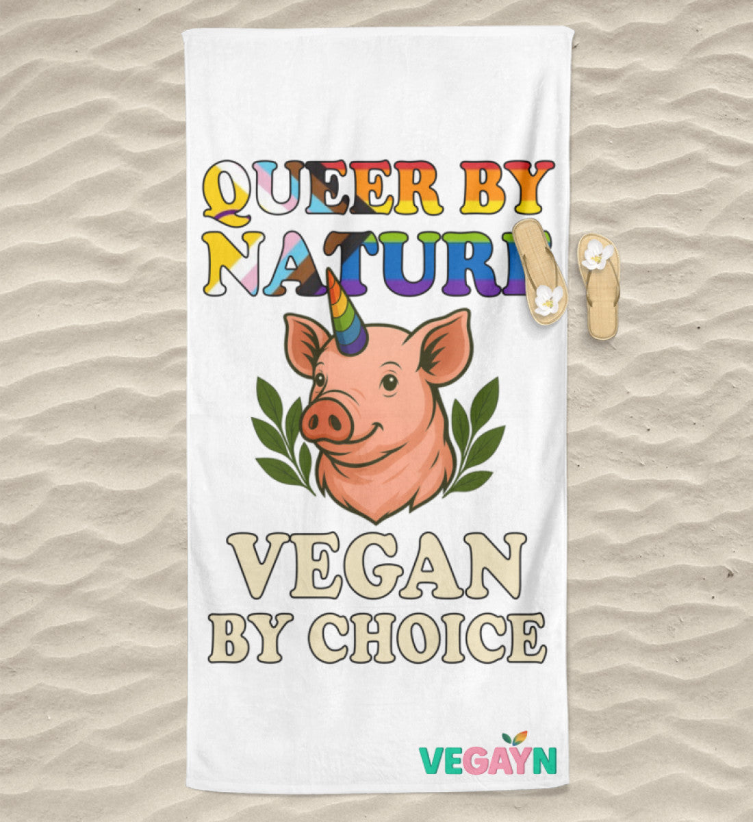 White Beach Towel Pig Unicorn – Queer by nature, Vegan by choice - Vegayn