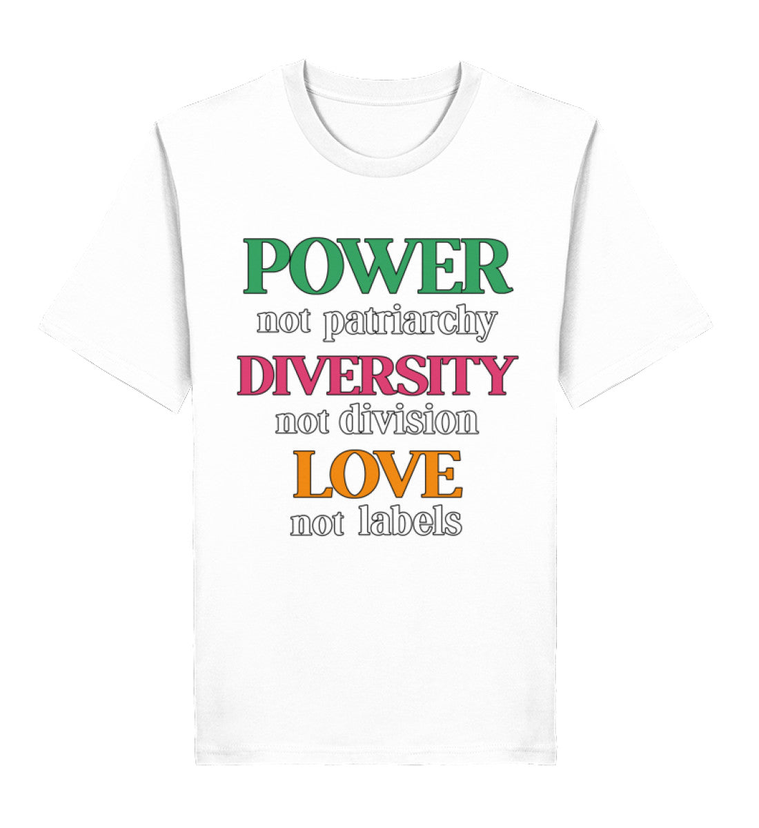 White Classic T-Shirt – Power, not patriarchy – Diversity, not division – Love, not labels - Vegayn