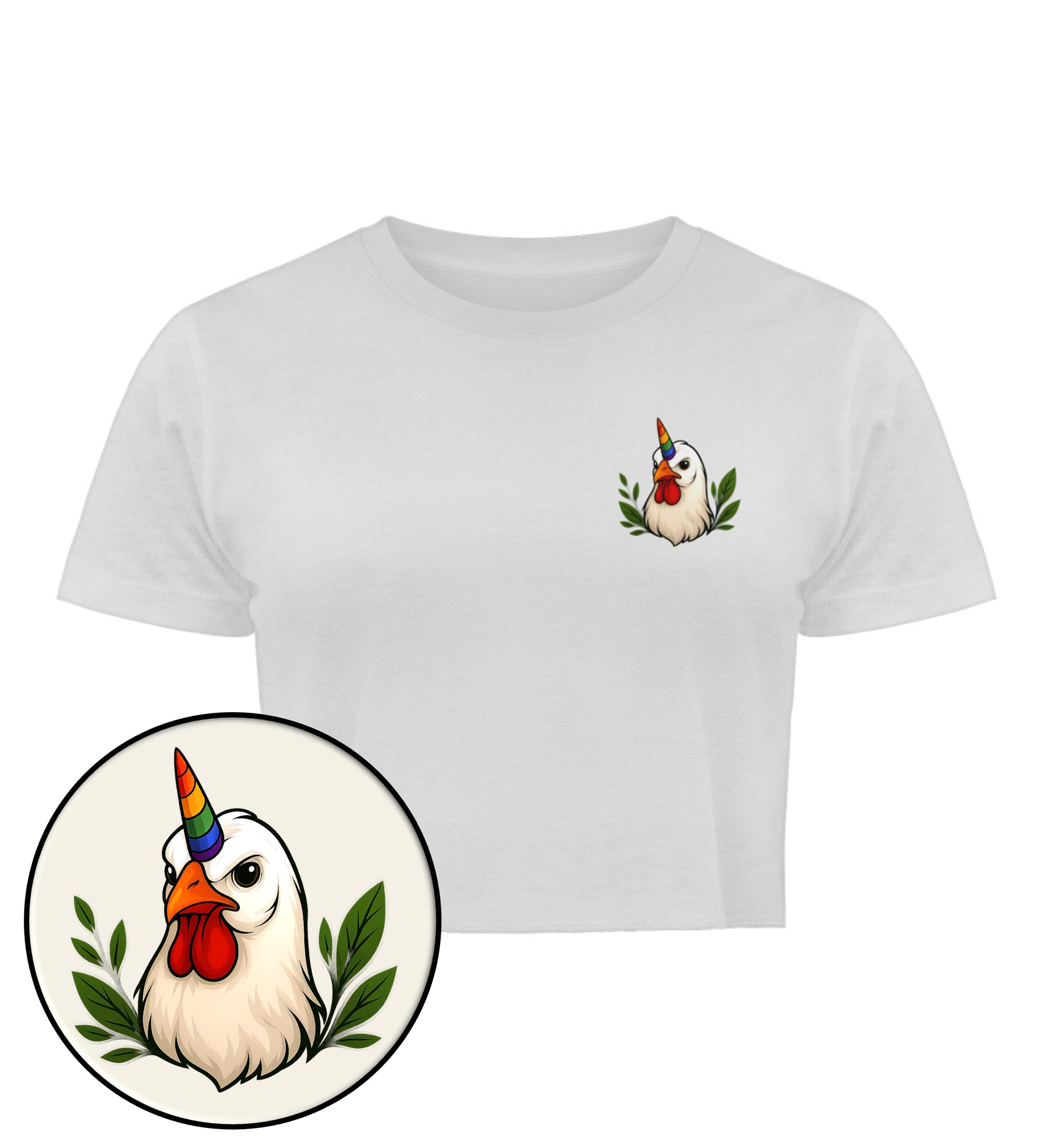 White Cropped T-Shirt – Chicken Queercorn - Vegayn