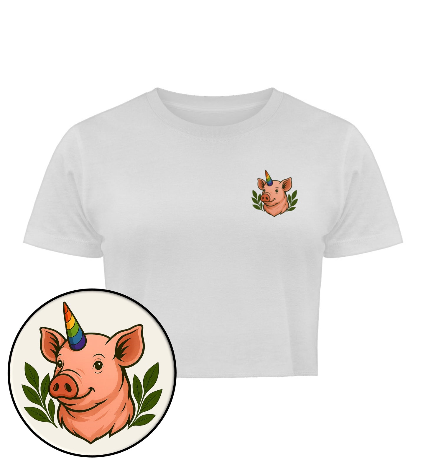 White Cropped T-Shirt – Pig Queercorn - Vegayn