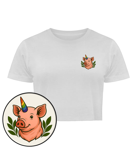 White Cropped T-Shirt – Pig Queercorn - Vegayn