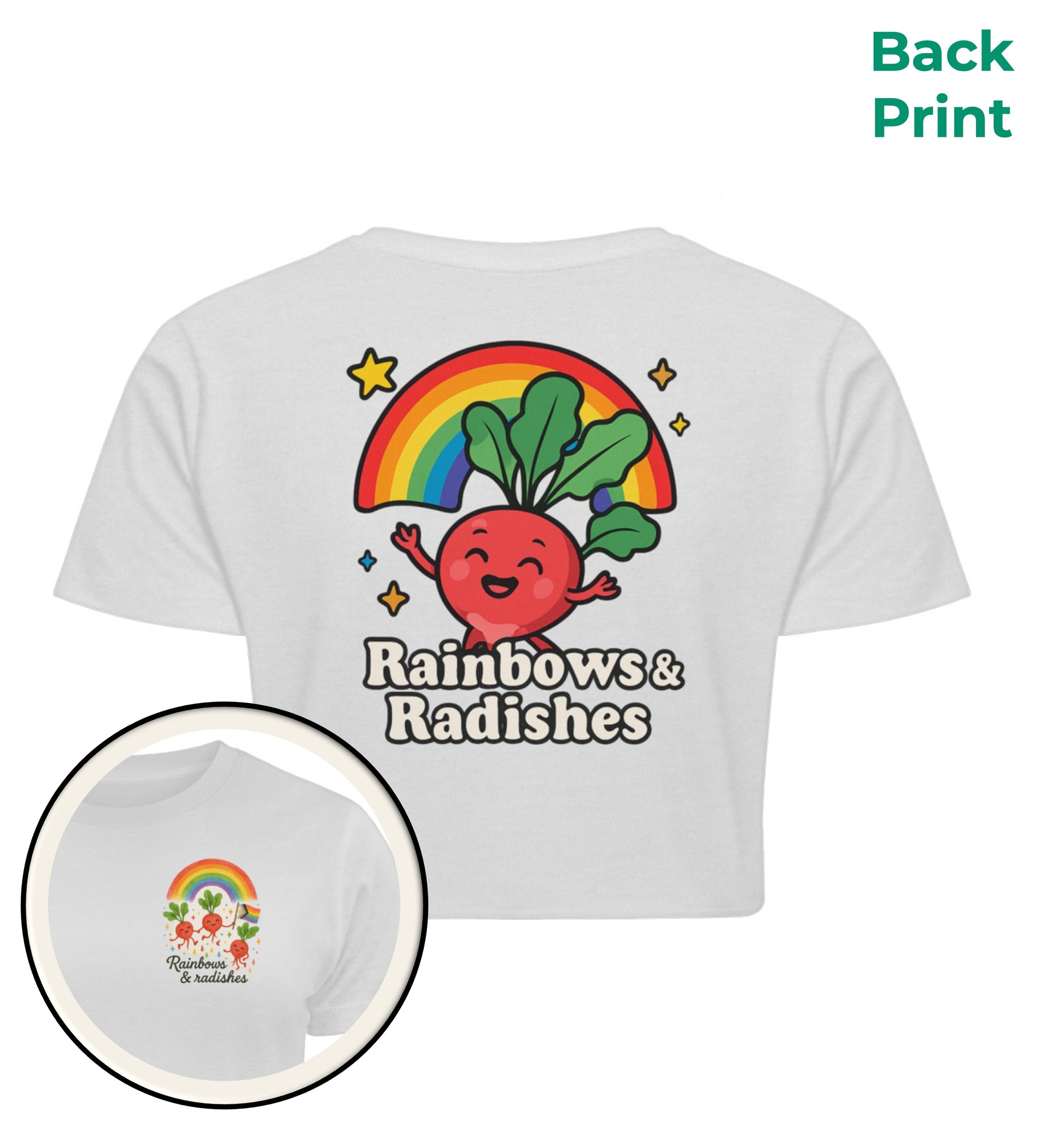 White Cropped T-Shirt – Rainbows & Radishes - Vegayn