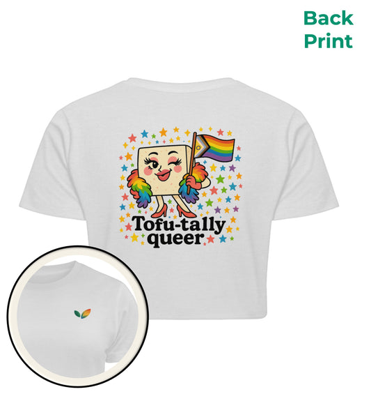 White Cropped T-Shirt – Tofu-tally queer with boa - Vegayn