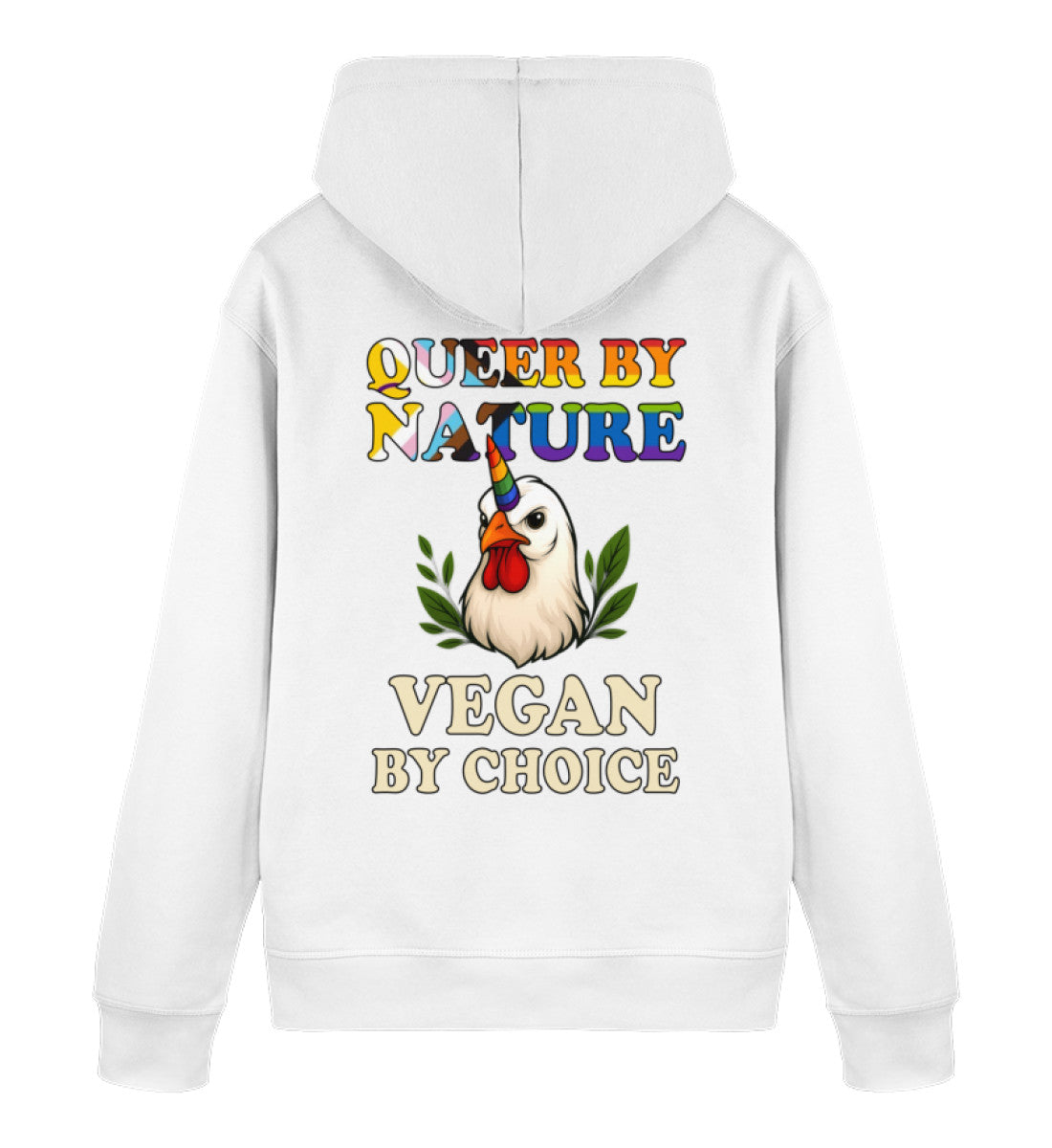 White Hoodie Chicken Queercorn – Queer by nature, Vegan by choice - Vegayn