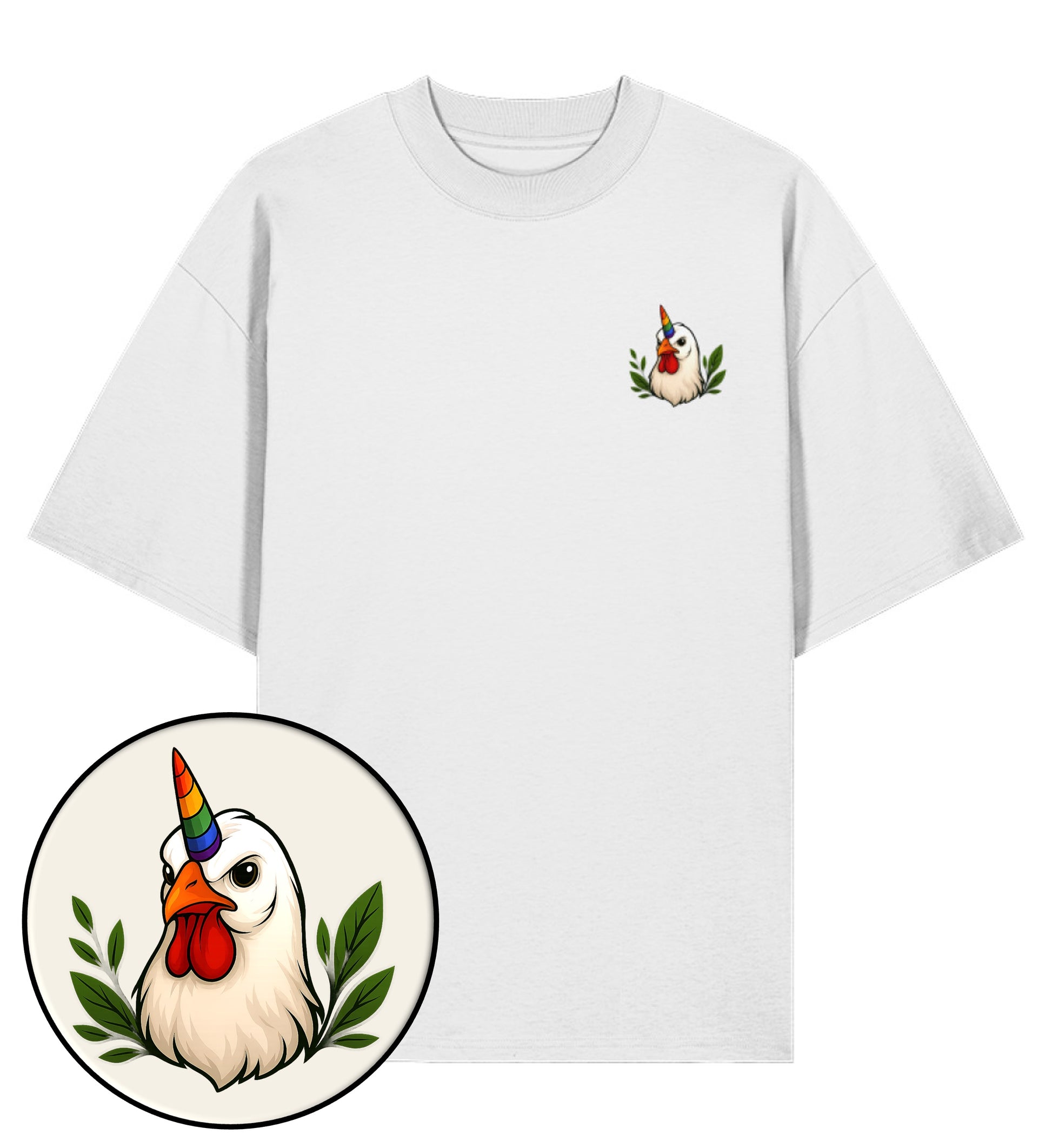 White Oversized T-Shirt – Chicken Queercorn - Vegayn
