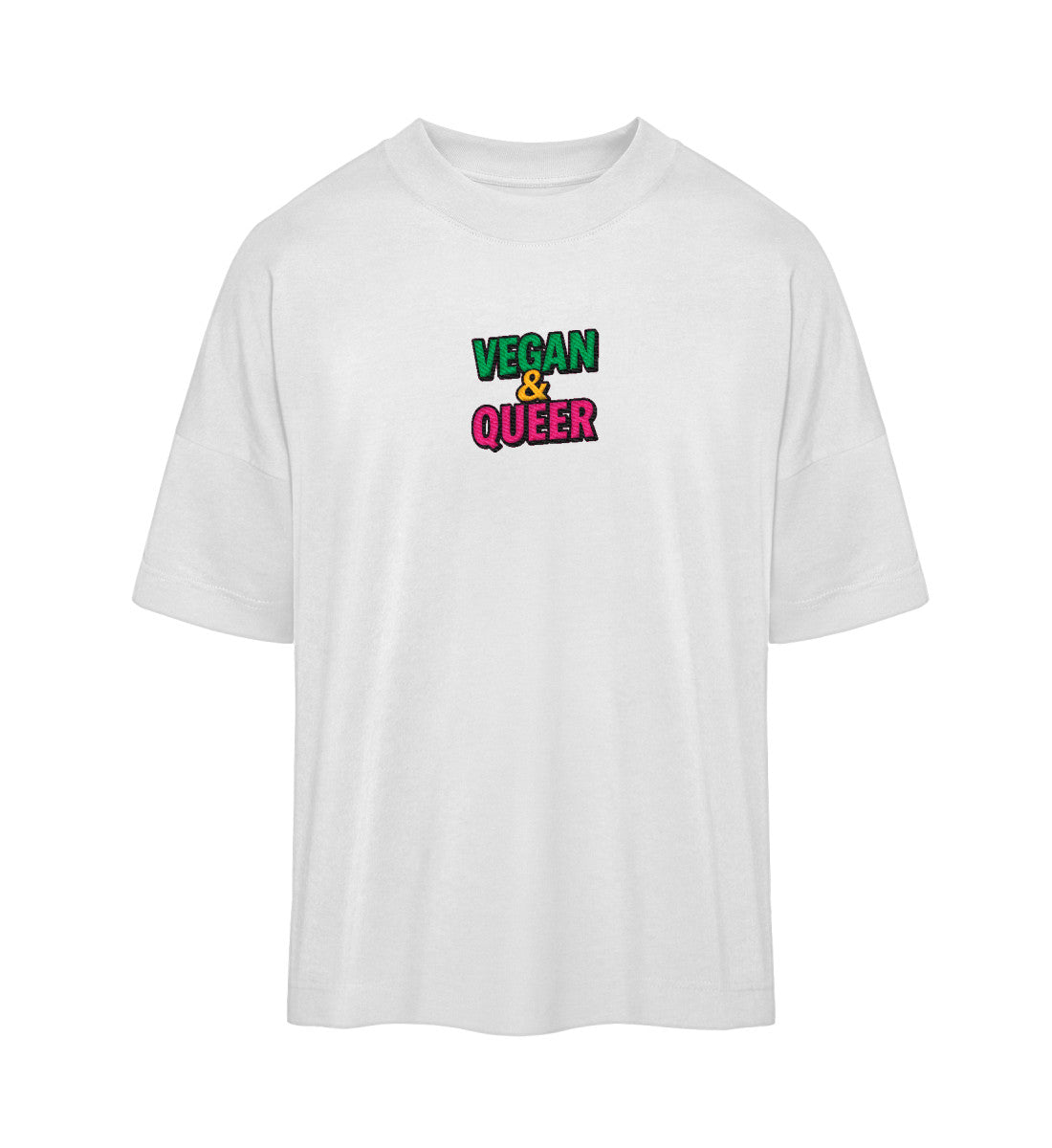 White Oversized T-Shirt Embroidery – Vegan & Queer - Vegayn