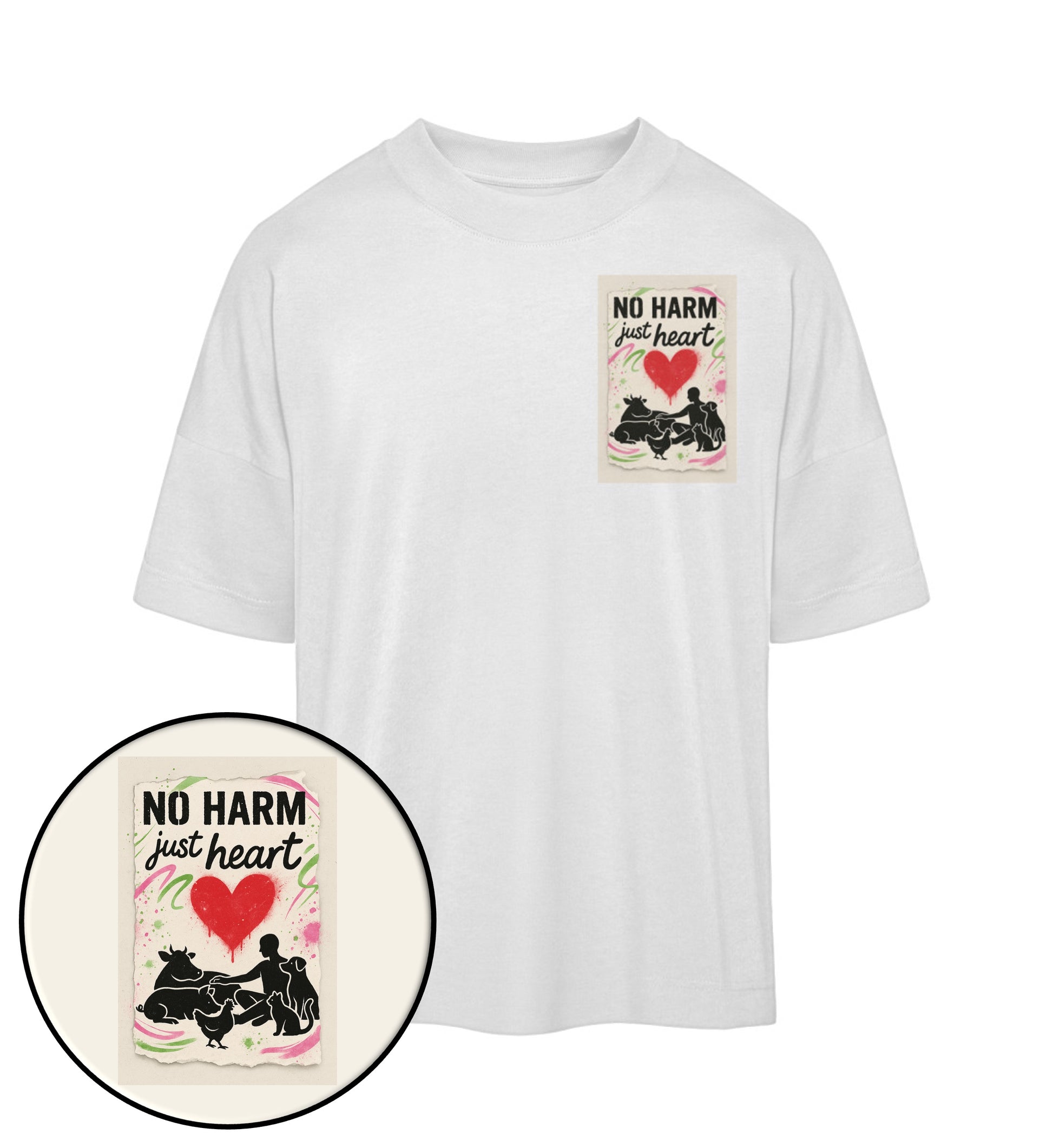 White Oversized T-Shirt – No harm, just heart - Vegayn
