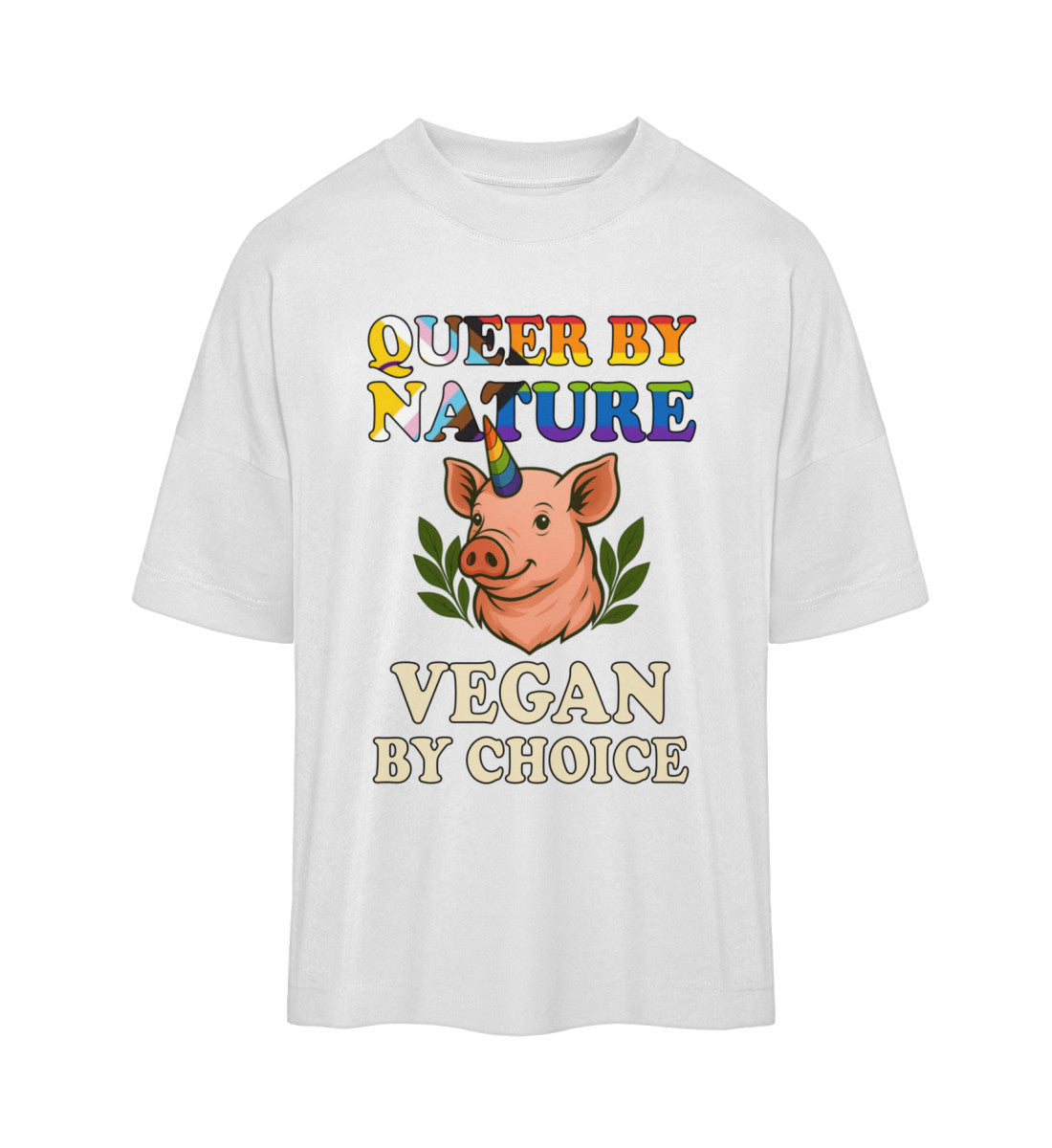 White Oversized T-Shirt Pig Unicorn – Queer by nature, Vegan by choice - Vegayn
