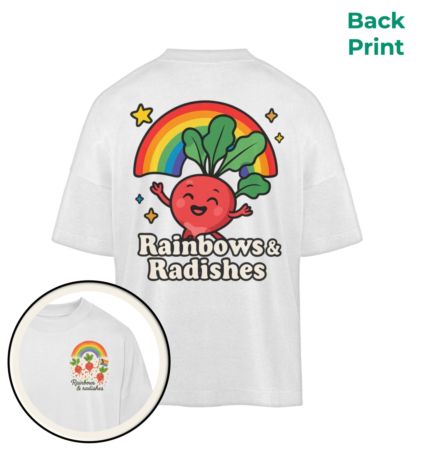 White Oversized T-Shirt – Rainbows & Radishes - Vegayn