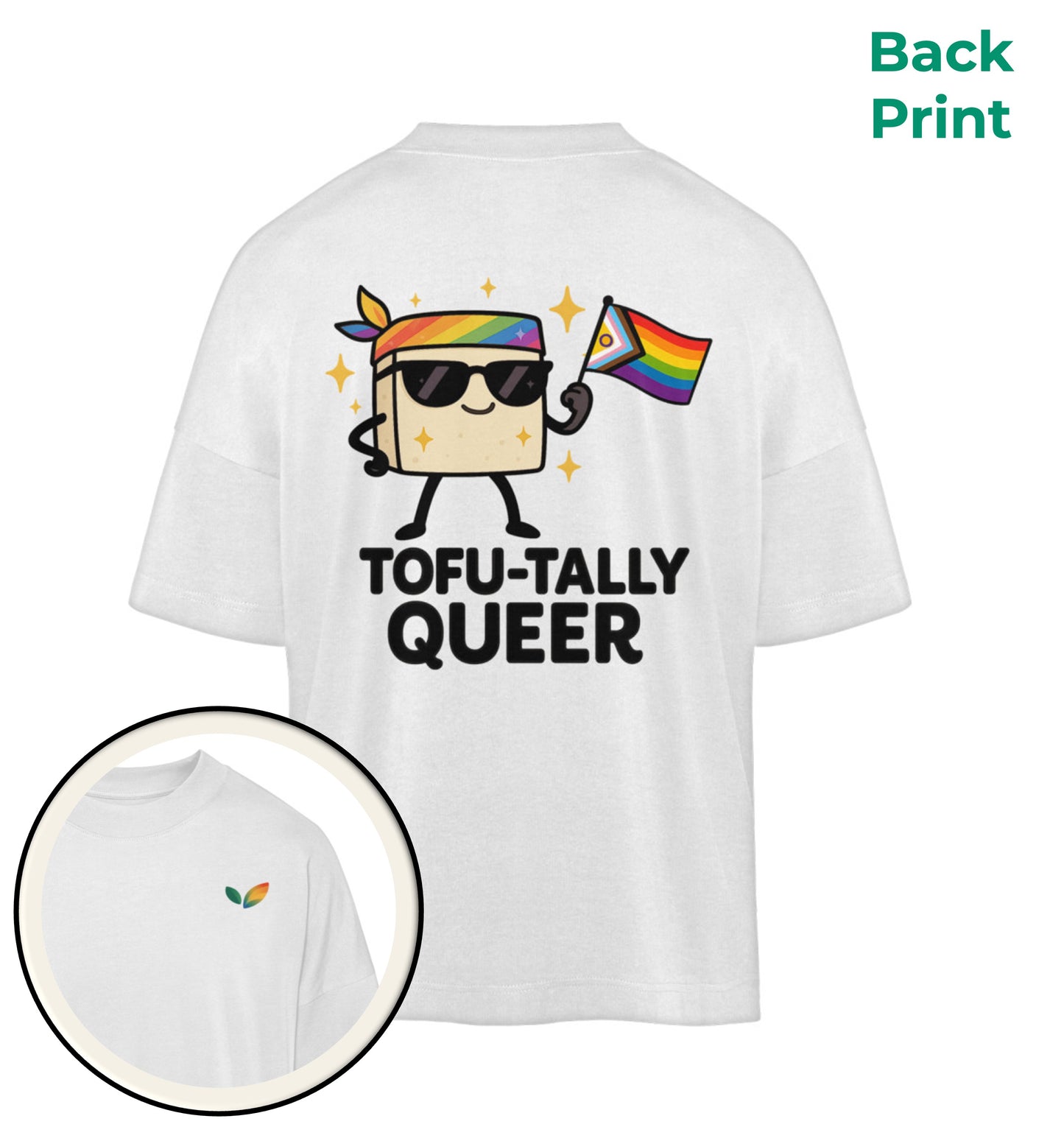 White Oversized T-Shirt Tofu-tally queer with bandana - Vegayn