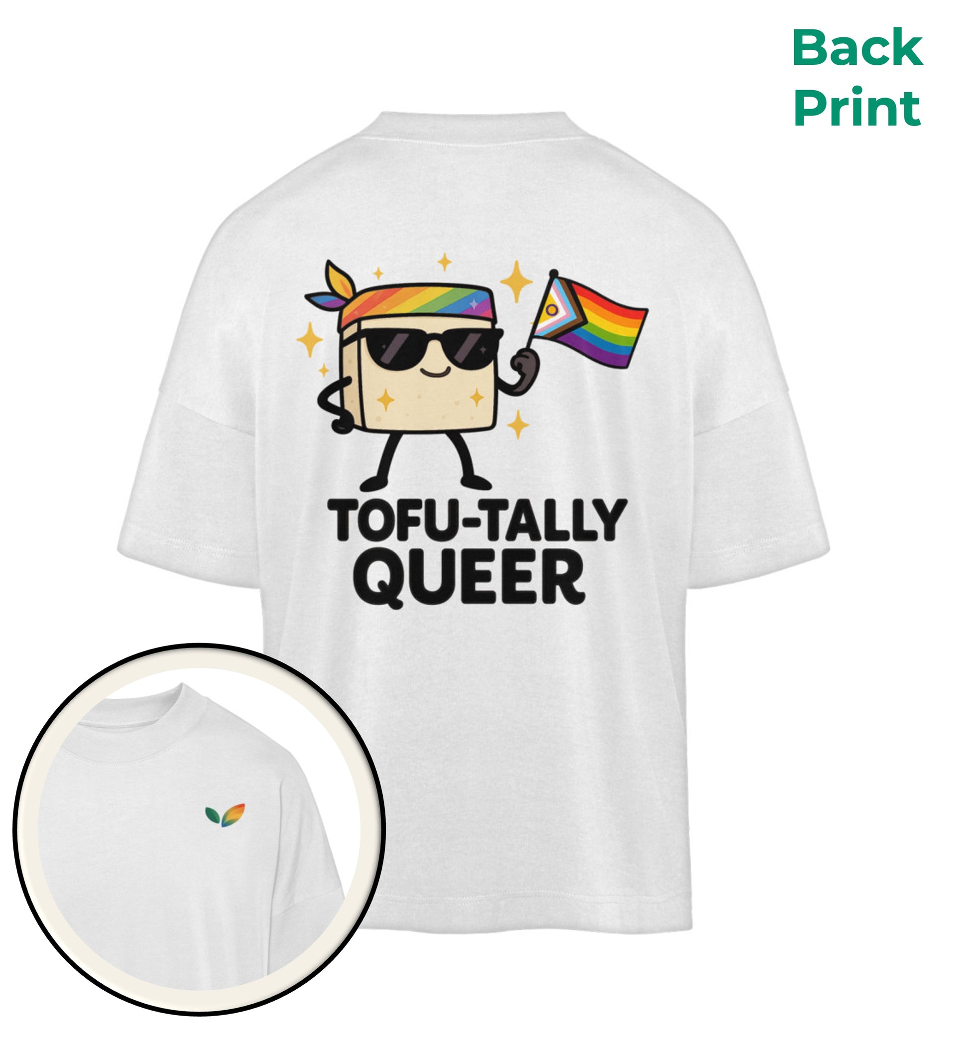 White Oversized T-Shirt Tofu-tally queer with bandana - Vegayn