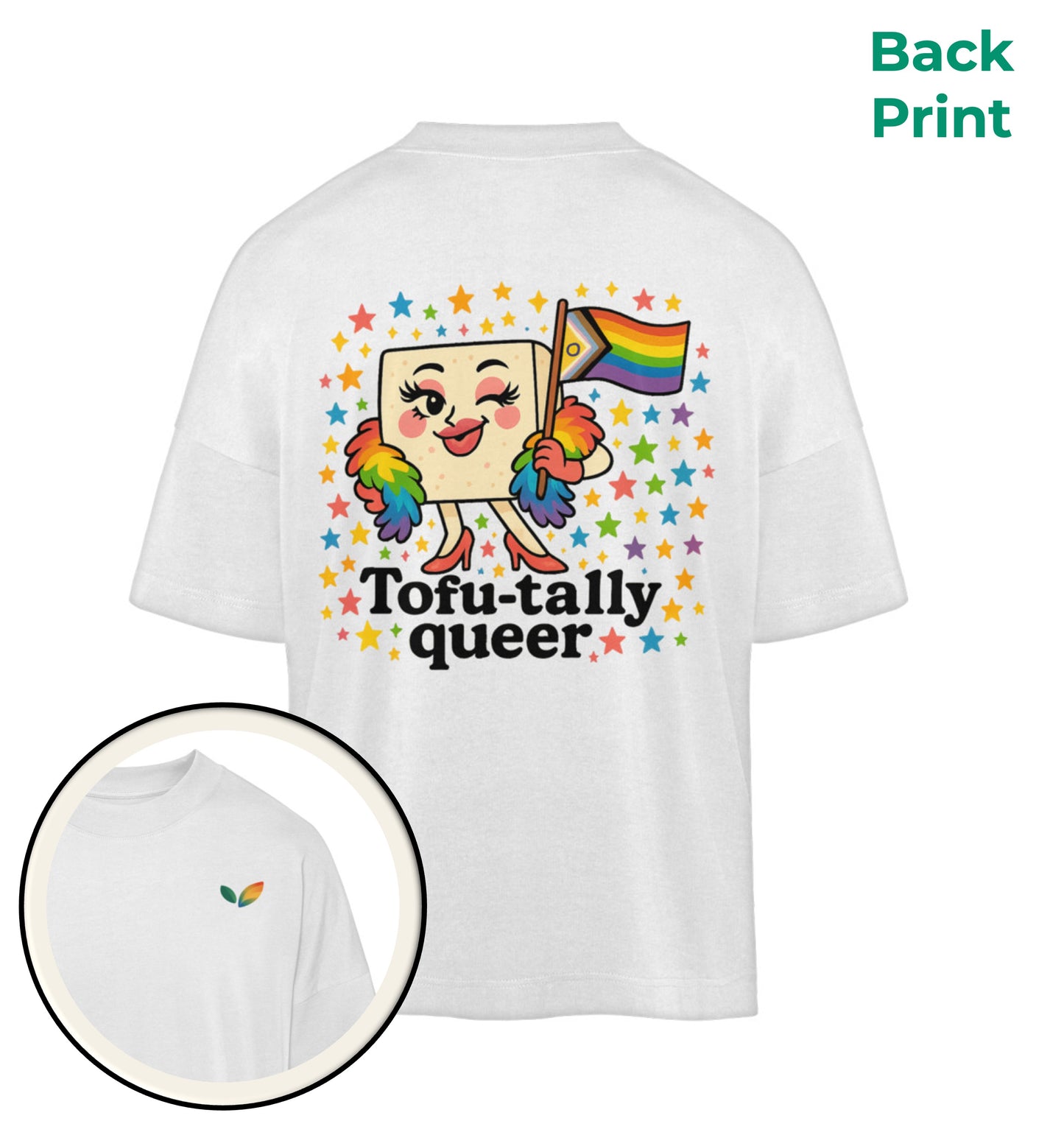 White Oversized T-Shirt – Tofu-tally queer with boa - Vegayn