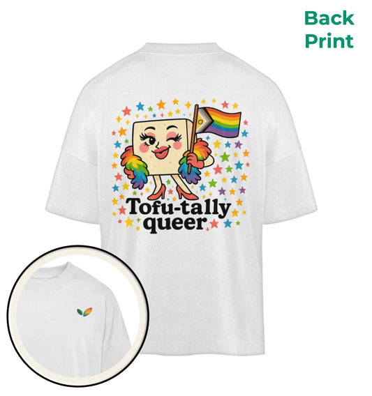 White Oversized T-Shirt – Tofu-tally queer with boa - Vegayn