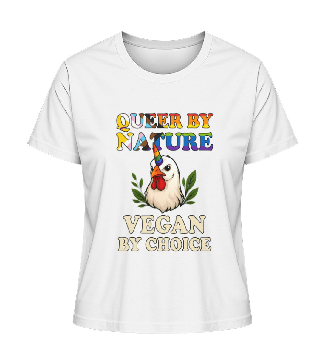 White Short-Fit T-Shirt Chicken Unicorn – Queer by nature, Vegan by choice - Vegayn