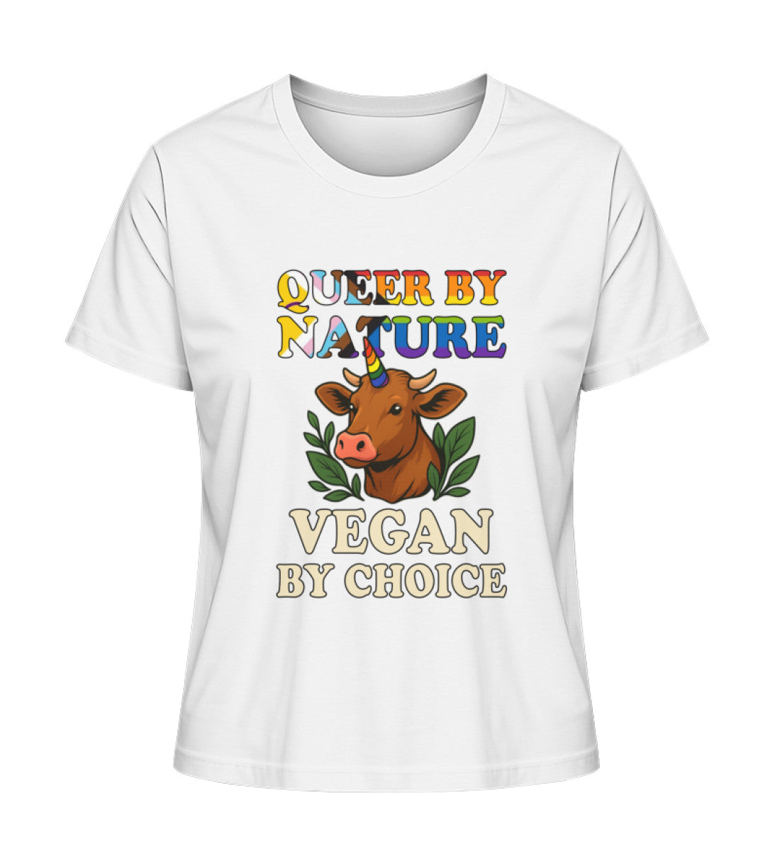 White Short-Fit T-Shirt Cow Unicorn – Queer by nature, Vegan by choice - Vegayn