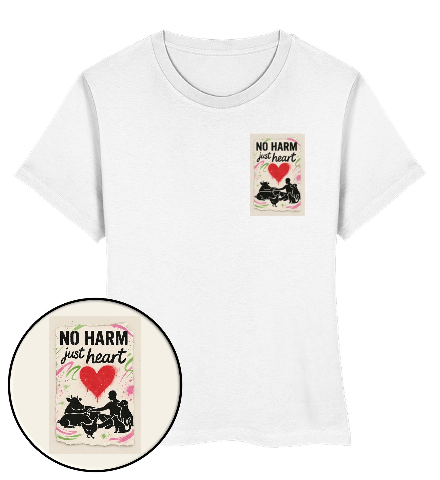White Short-Fit T-Shirt – No harm, just heart - Vegayn
