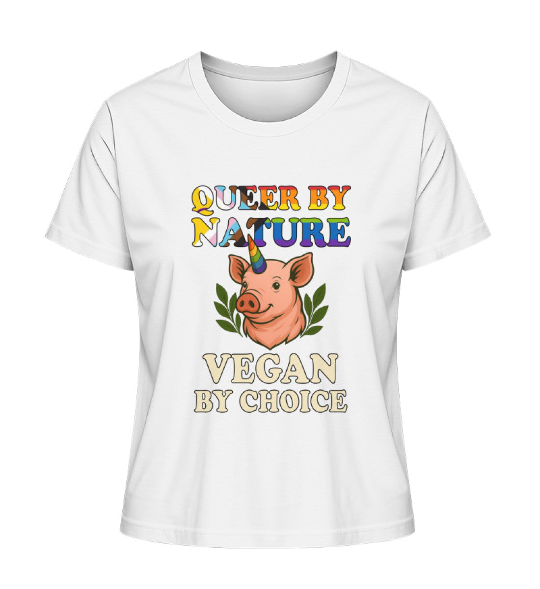 White Short-Fit T-Shirt Pig Unicorn – Queer by nature, Vegan by choice - Vegayn