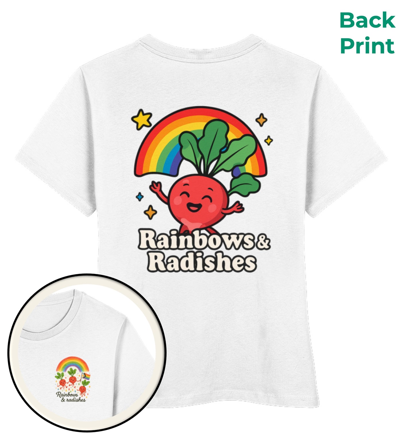 White Short-Fit T-Shirt – Rainbows & Radishes - Vegayn
