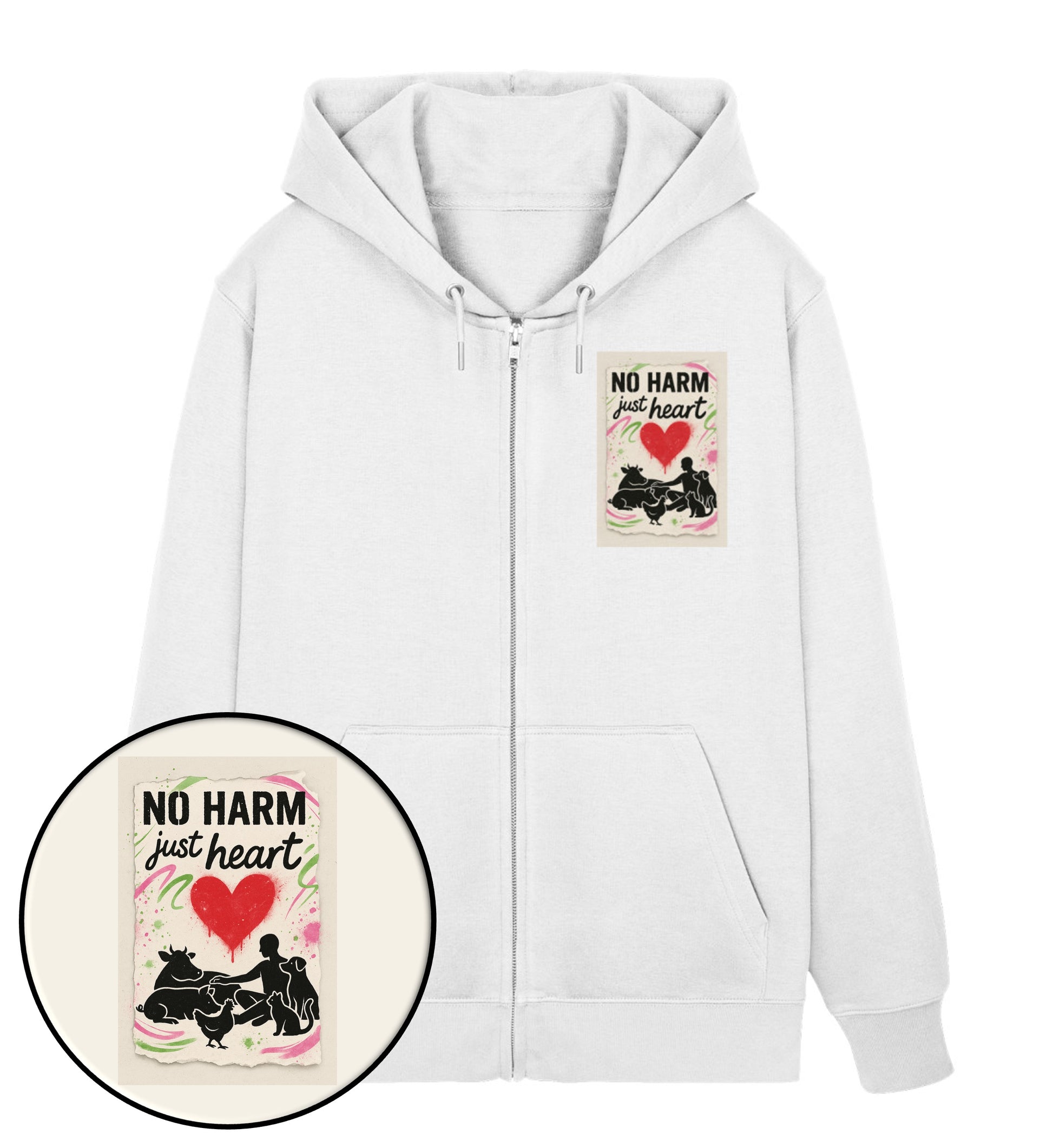 White Zipper Hoodie – No harm, just heart - Vegayn