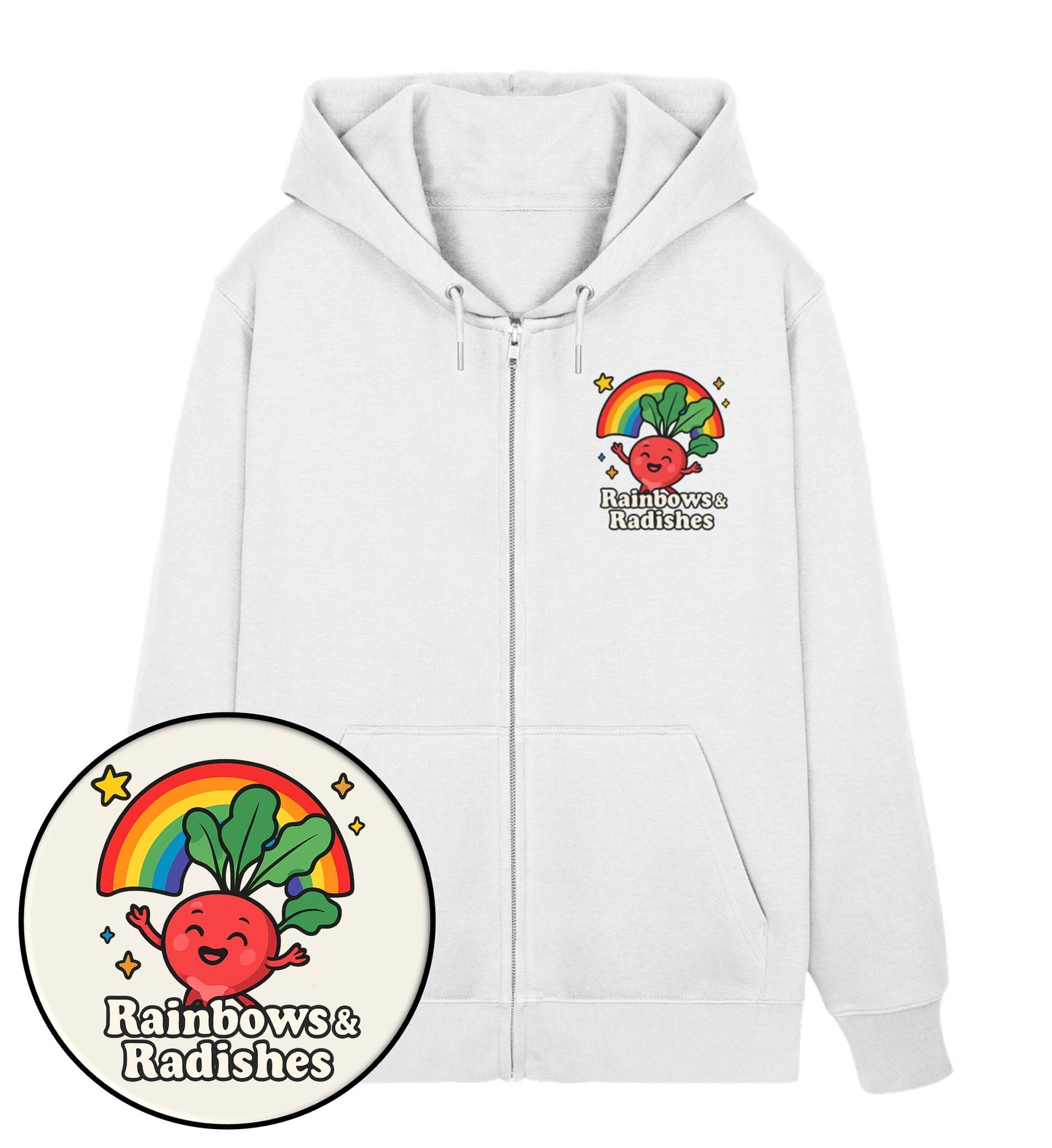 White Zipper Hoodie – Rainbows & Radishes - Vegayn